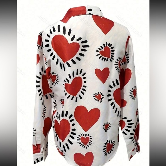Boho Heart Print Button Down Up Shirt Top Blouse - Picture 6 of 11